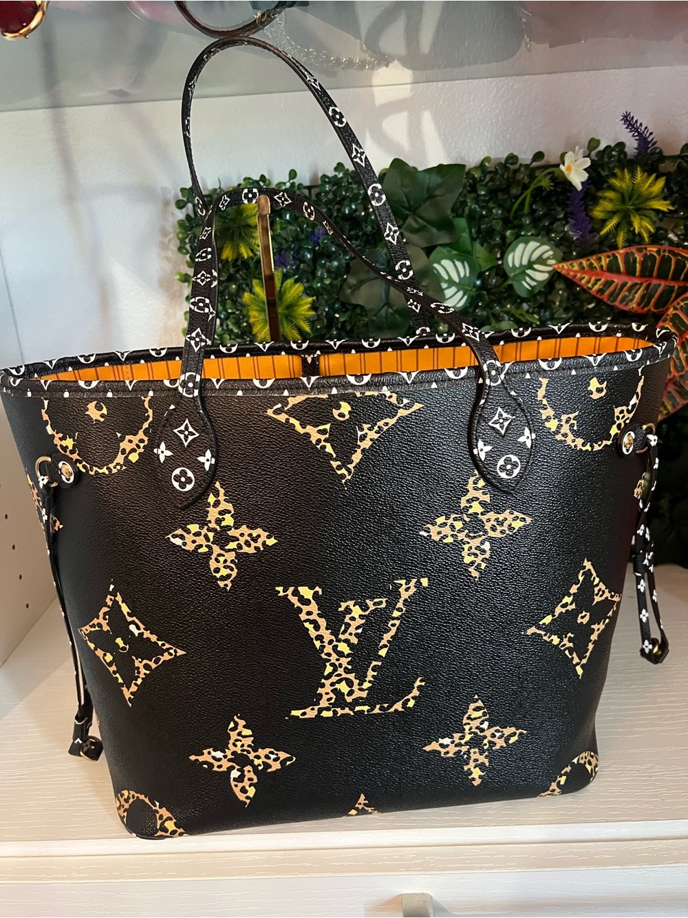 Louis Vuitton Black Tote with Leopard Monogram and Orange Trim